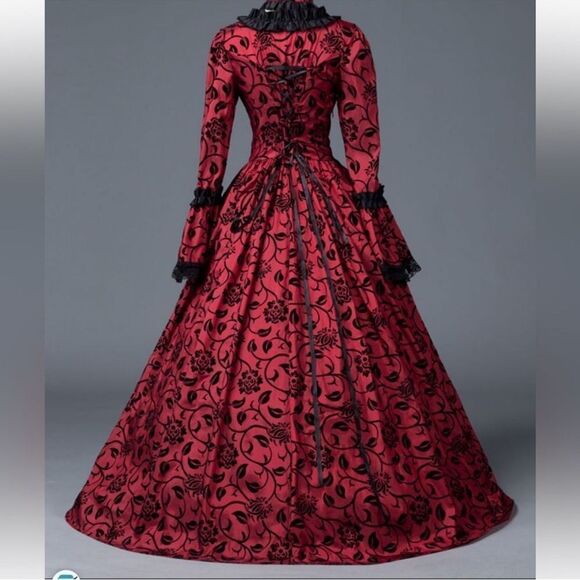 Victorian Dress Red Bow Floral Print Square Neckline Long Sleeves Matte - Picture 3 of 16